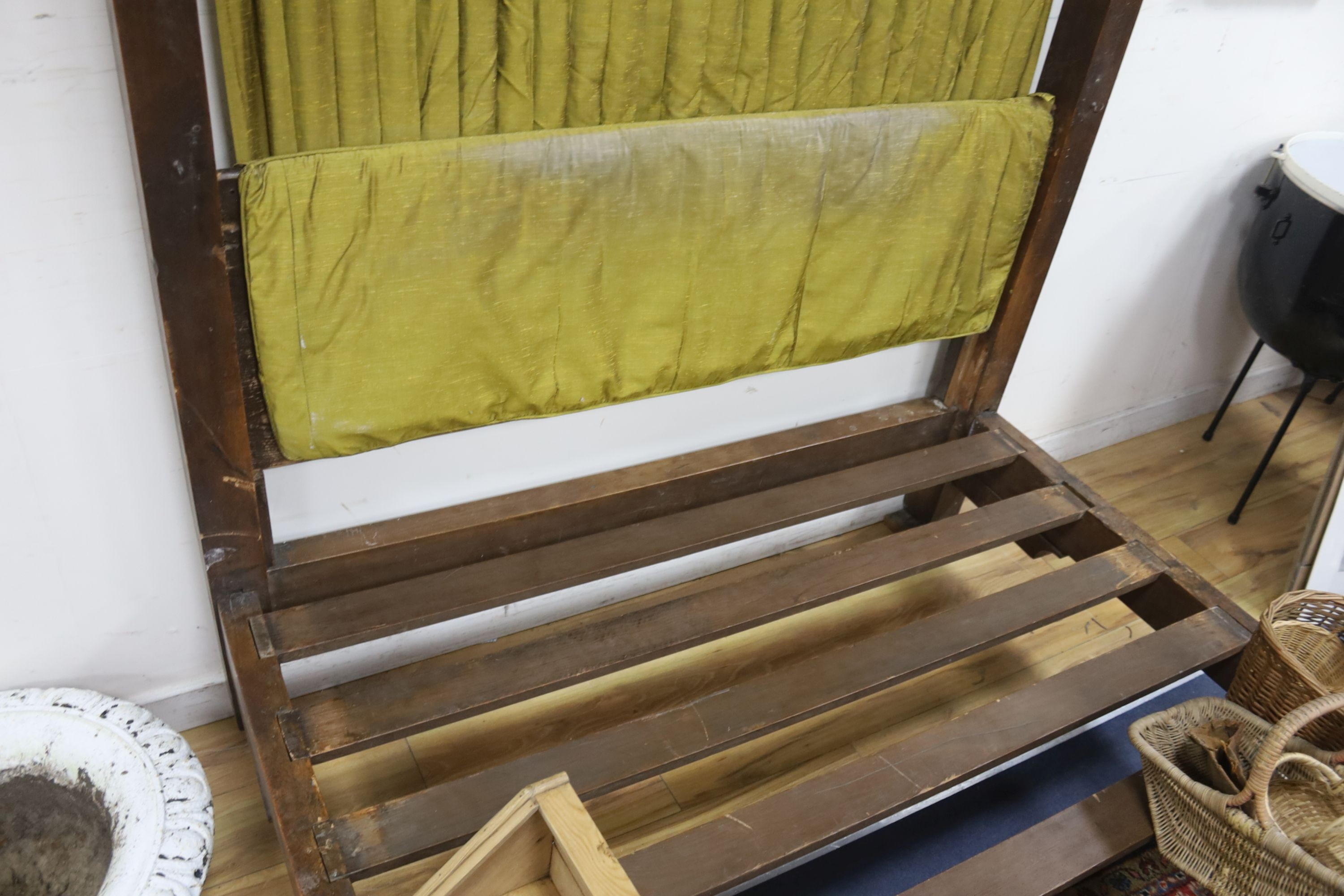 A Victorian mahogany half tester bed, length 220cm, width 150cm, height 223cm